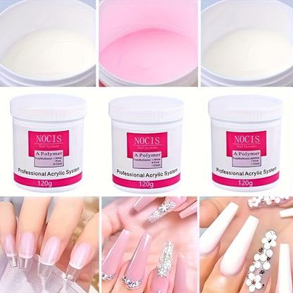 No Lamp Acrylic Nail Extension Powder 120g Clear Pink White — Long-Lasting Crystal Formula for Carving 3D Nail Art Overlays Professional Salon & Home Use