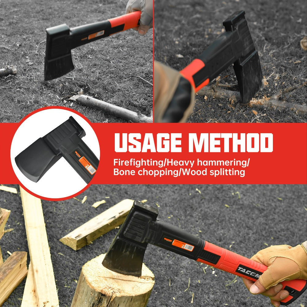 Camping Hatchet 15 Inch Splitting Axe 45 Carbon Steel with Nylon Rubber Non-Slip Handle – Teflon Blade, Blade Cover & Optional Whetstone Set for Wood Chopping, Tree Cutting, Hiking Backpacking Outdoor