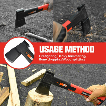 Camping Hatchet 15 Inch Splitting Axe 45 Carbon Steel with Nylon Rubber Non-Slip Handle – Teflon Blade, Blade Cover & Optional Whetstone Set for Wood Chopping, Tree Cutting, Hiking Backpacking Outdoor