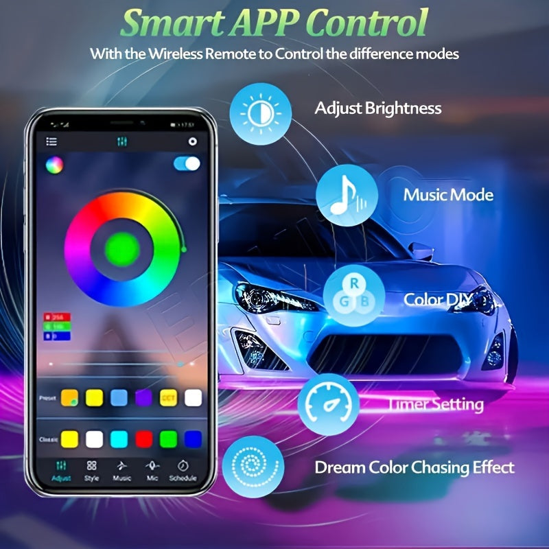 4pcs Car Underglow Neon Accent Strip Lights, App Control 16 Million Colors Music Mode, RGB 8 Color Sound Active Function Music Mode with Wireless Remote Control Underbody Light Strips for Car Van SUV Truck, DC 12V 90*120cm/35.43in+47.24in