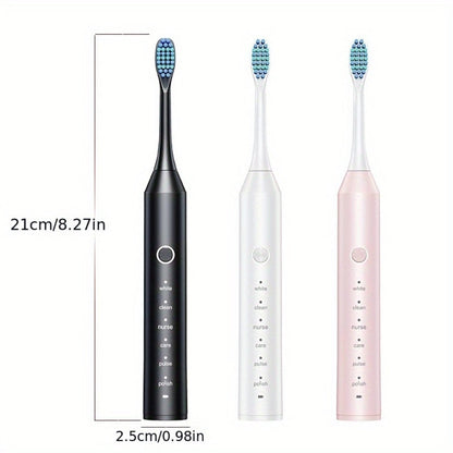 Rechargeable Toothbrush – 6 Cleaning Modes, 500mAh Lithium Battery, USB Charging, Soft Bristles, 4 or 8 Brush Heads, Black White Pink Electric Toothbrush for Adults Deep Clean & Whitening