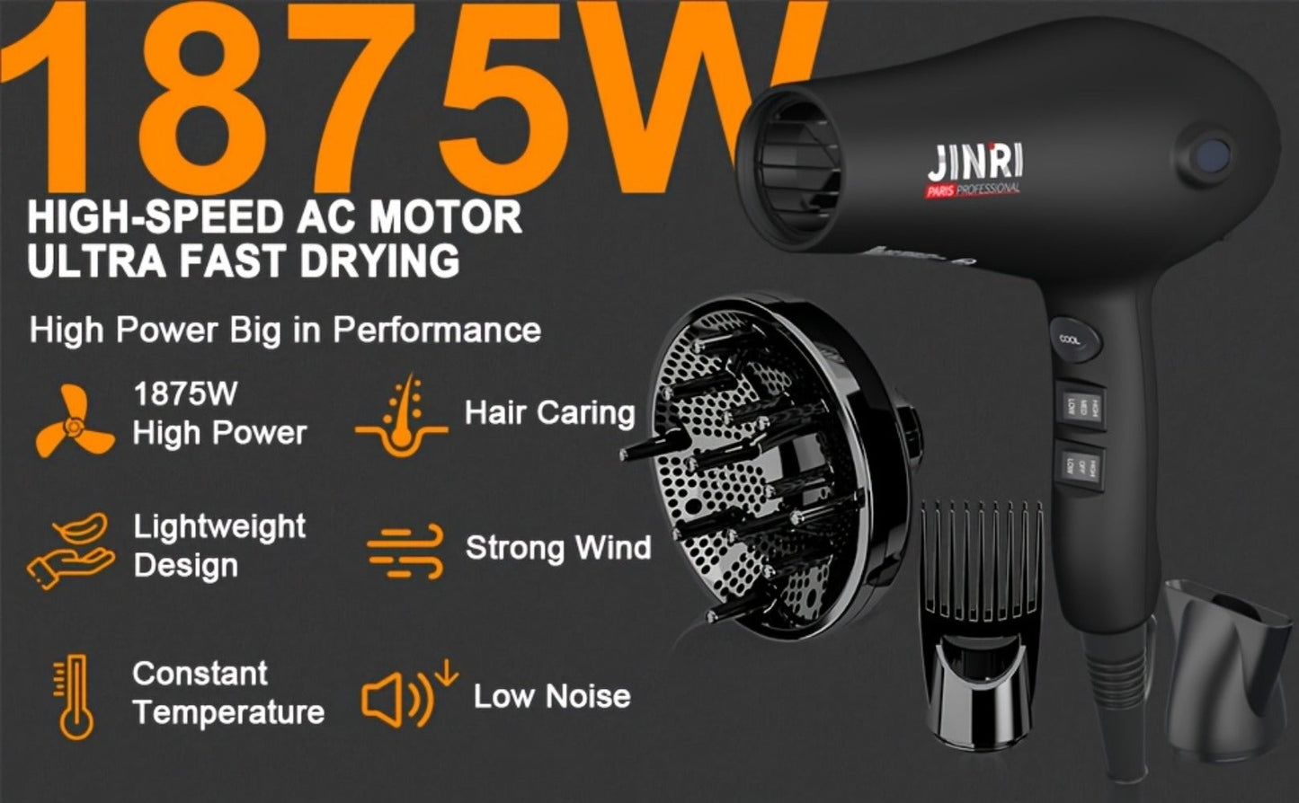 1875W Professional Hair Dryer with Diffuser & Concentrator — Ionic Technology, Salon-Quality Blowout for Curly Hair, Adjustable Cord, US Plug, Black