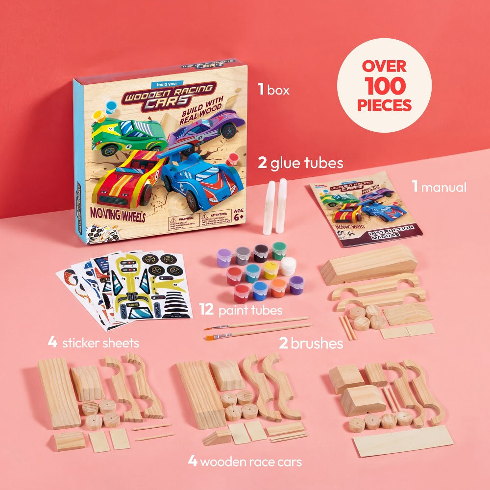 DIY Wooden Race Cars 4pcs Build & Paint Kit for Kids Ages 8+ – 44 Pre-Cut Pieces 12 Colors Racing Stickers, Paint Your Own Wood Craft Toy STEM Arts Crafts Birthday Gift for Boys Girls