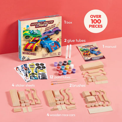 DIY Wooden Race Cars 4pcs Build & Paint Kit for Kids Ages 8+ – 44 Pre-Cut Pieces 12 Colors Racing Stickers, Paint Your Own Wood Craft Toy STEM Arts Crafts Birthday Gift for Boys Girls