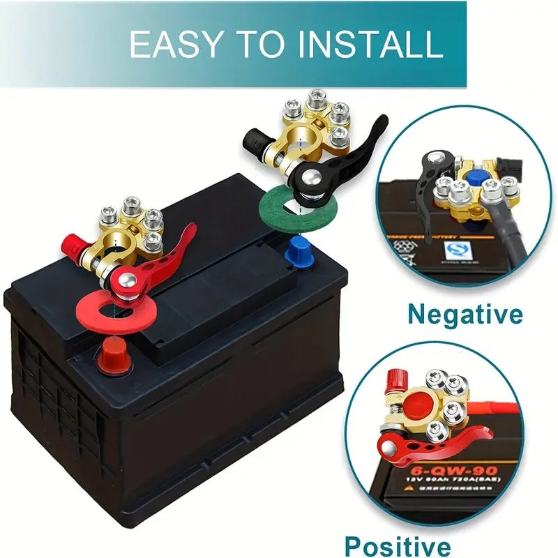 Car Battery Terminal Connectors Kit - 4-Way Quick Release Disconnect Clamps, Positive & Negative SAE/JIS Type A Posts for Car, Truck, Motorcycle & Marine (4-Piece Set, Gold)