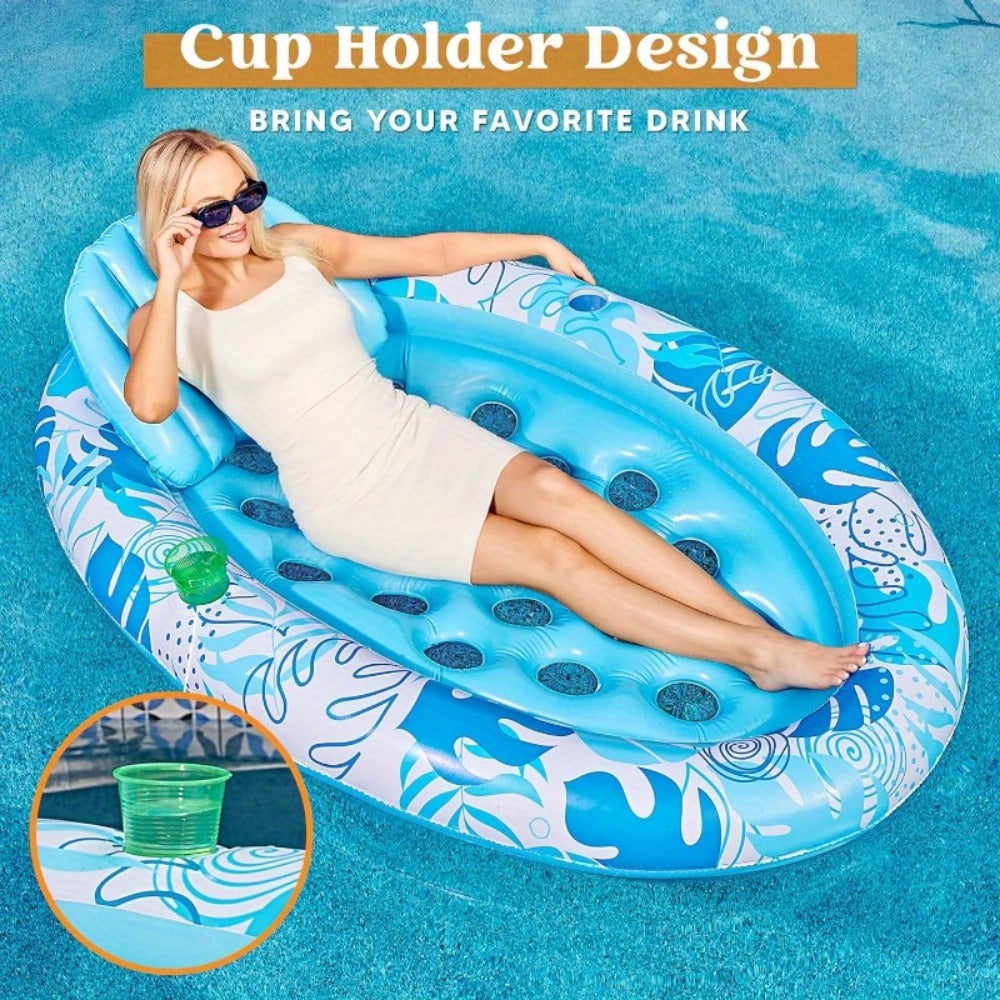 Oval Inflatable Pool Float Lounger for Adults – Tanning Raft with Removable Head & Back Support, Water Flow Vents & 2 Cup Holders | Sunbathing Lounge Float for Pool Lake Beach, Blue
