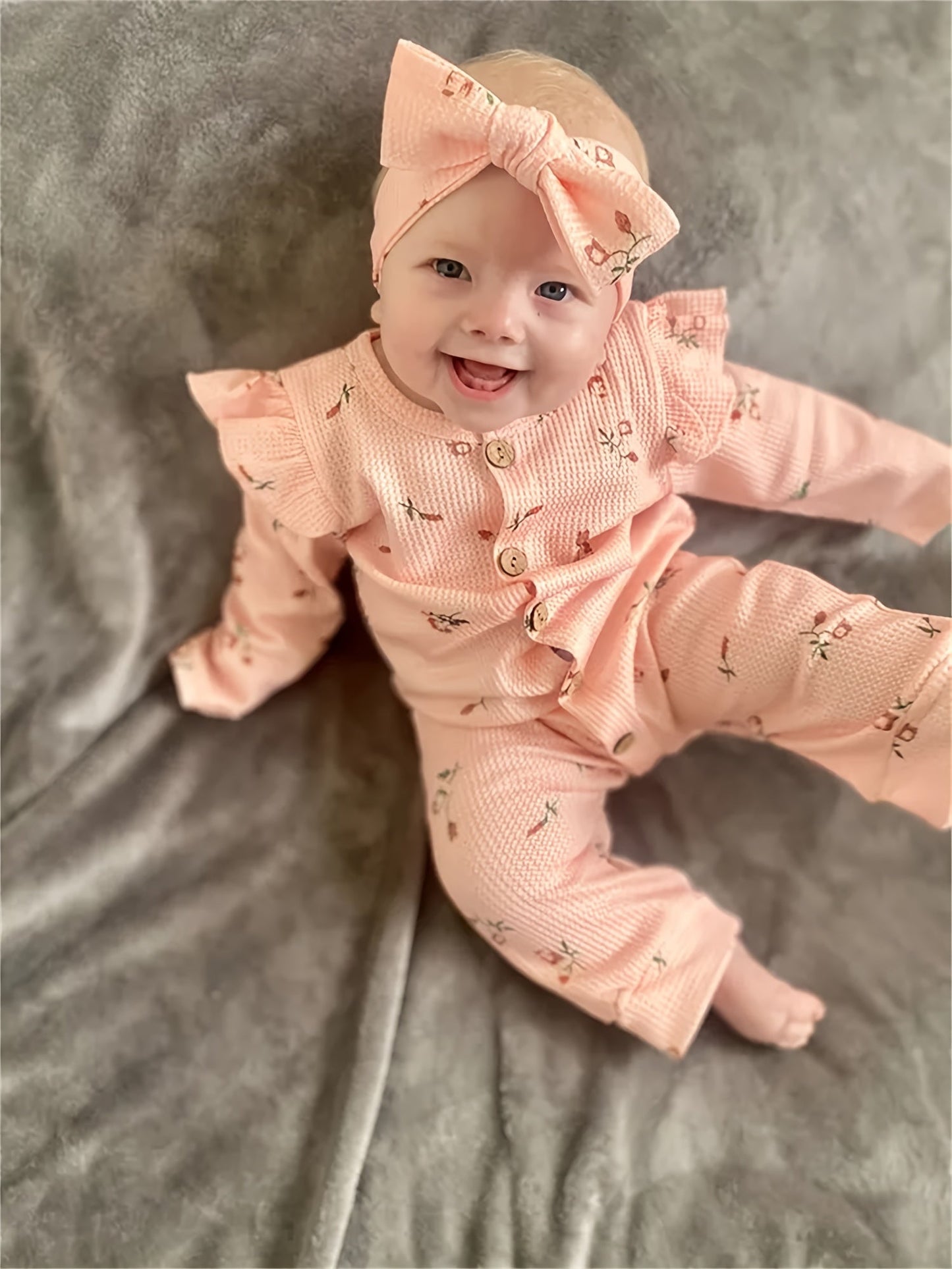 Baby Girls Outfit Set - Floral Ruffle Waffle Knit