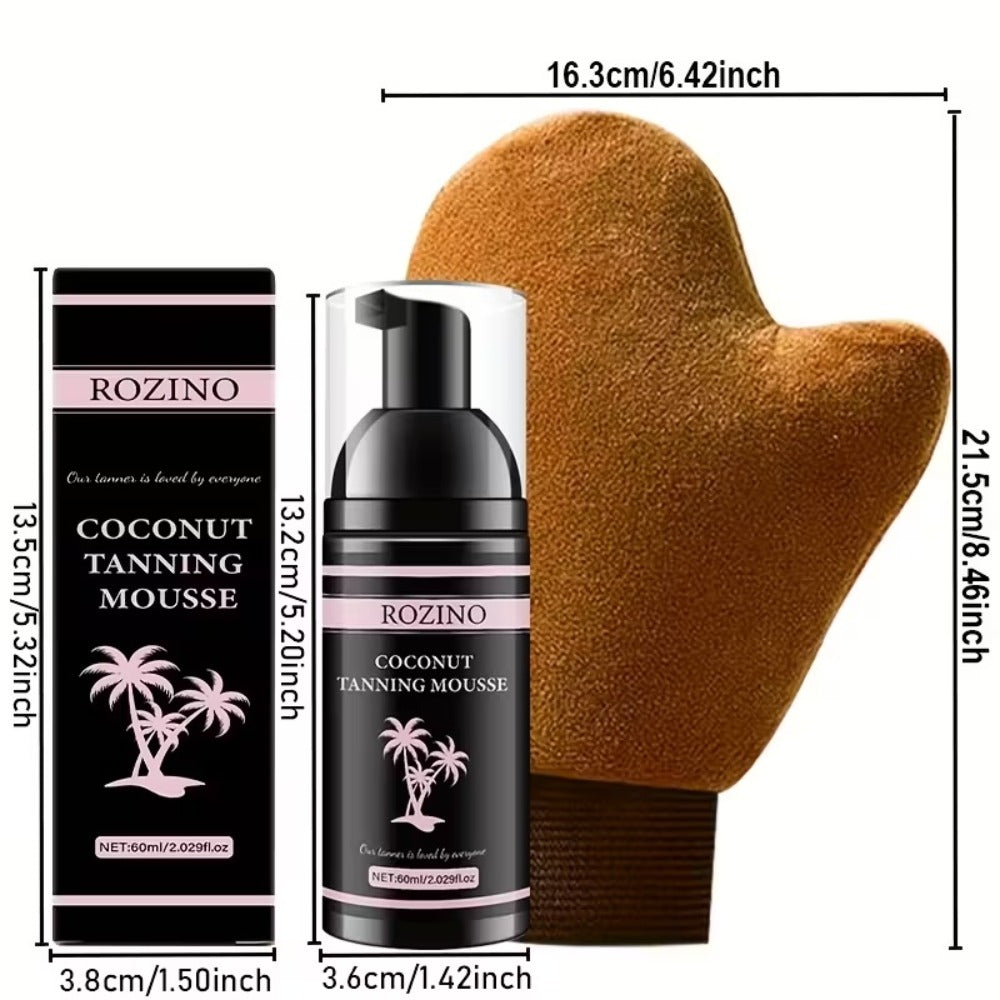 Sunless Tanning Mousse with Applicator Glove 60ml – Natural Plant Ingredients Self Tanner Bronzing Set, Gradual Buildable Color for Even Light Beige Tan, Streak-Free Sunless Tanner for Body