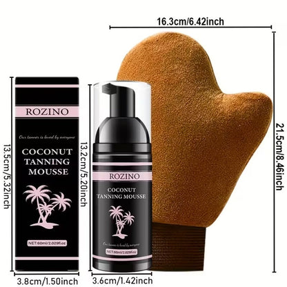 Sunless Tanning Mousse with Applicator Glove 60ml – Natural Plant Ingredients Self Tanner Bronzing Set, Gradual Buildable Color for Even Light Beige Tan, Streak-Free Sunless Tanner for Body