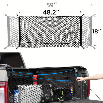 Elastic Mesh Net Organizer for Truck Bed Cargo, Featuring Hooks for Grocery Storage And Cargo Management in Pickup Trucks
