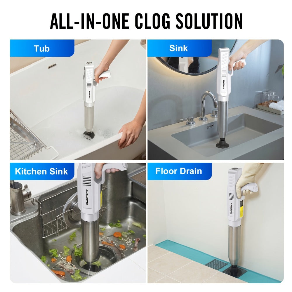 Electric Cordless Toilet Plunger 8V - High-Pressure Pneumatic Drain Opener with Real-Time Pressure Display, Professional Power Unclogger for Toilets Sinks Floor Drains, Mess-Free Reusable, White/Black