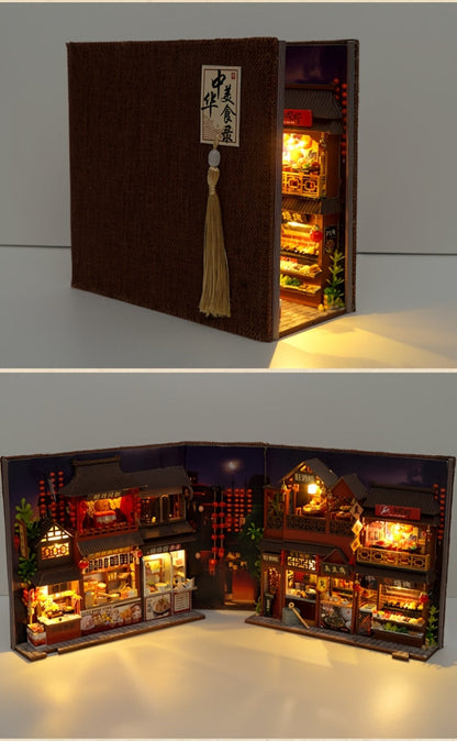Book Nook Kit Chinese Food Street Miniature Dollhouse 3D Wooden Puzzle Bookshelf Insert DIY Model Building Set for Adults Teens – No Glue Needed Birthday Christmas Housewarming Gift