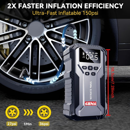Car Jump Starter with Air Compressor 150PSI – 7-in-1 Portable Emergency Battery Booster Pack for Gas & Diesel Engines, Digital Display, 12V Vehicle Jump Start Power Bank