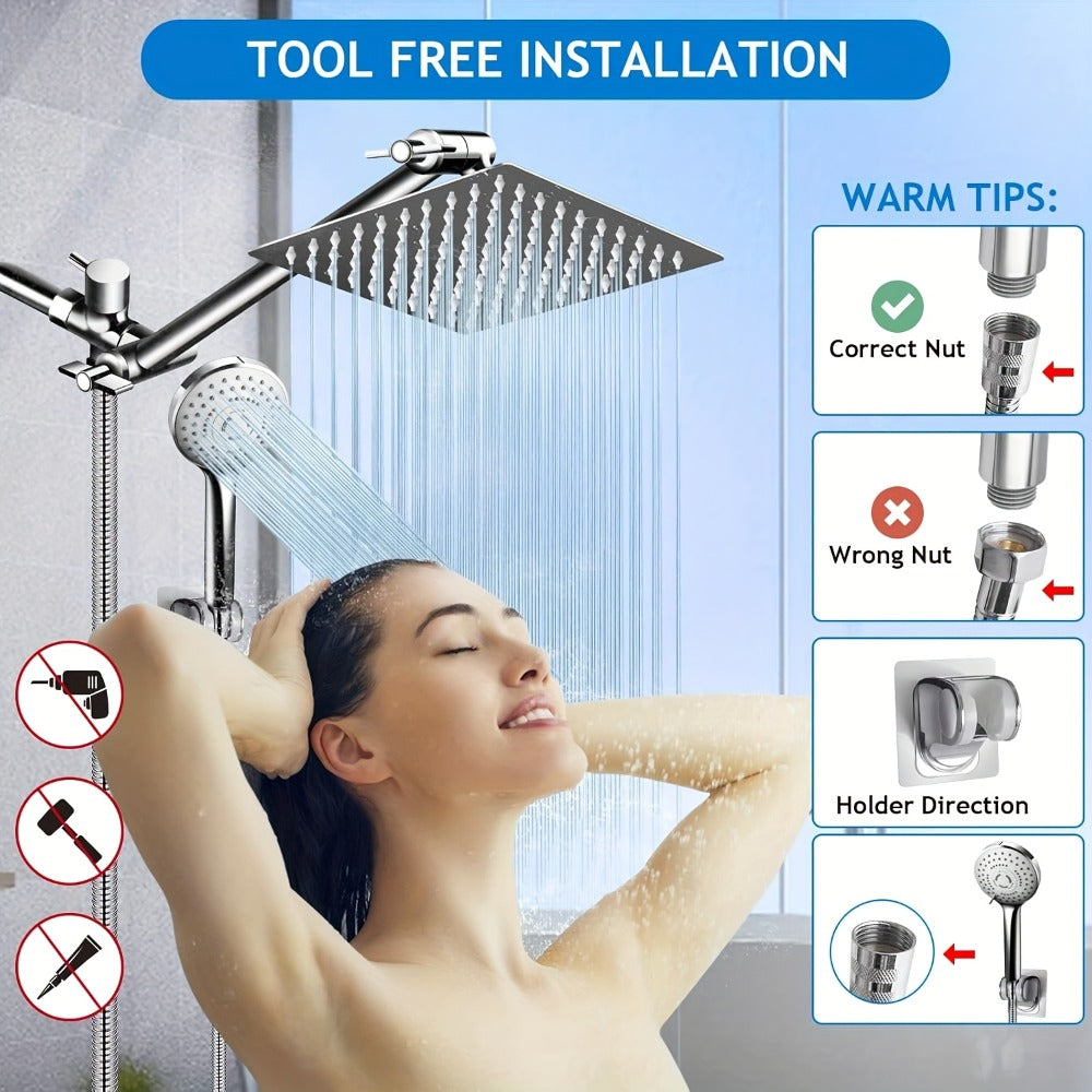 Rainfall Shower Head with Handheld Combo – 8" High Pressure Rain Shower, 5-Setting Adjustable, Anti-Leak with 11" Extension Arm, Holder & Hose, Height & Angle Adjustable