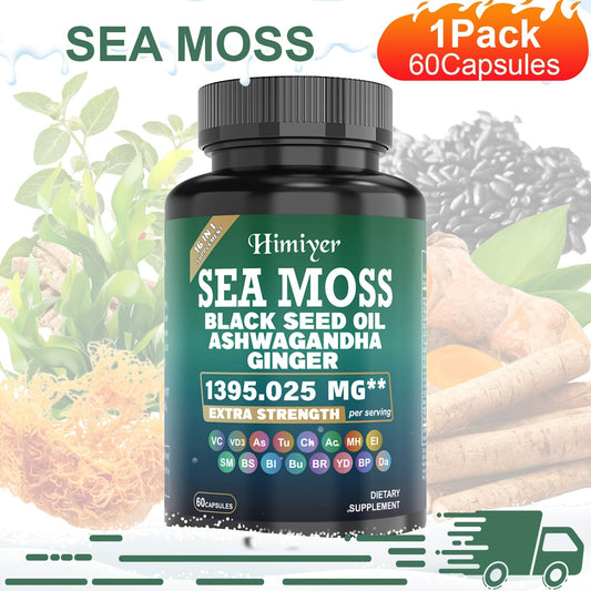 Sea Moss Ashwagandha Capsules 16-in-1 with Black Seed Oil Turmeric Cinnamon — Boosts Energy Immunity & Athletic Performance | 1395mg 20:1 Extract | Antioxidant Superfood Complex | 3-Pack