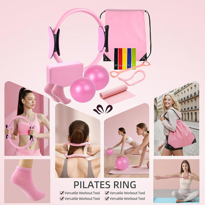 Pilates Kit for Women 14-in-1 – Pilates Ring, 2 Balls, 5 Resistance Bands & Yoga Block for Full Body Core & Flexibility Training, Portable Home Pilates Set