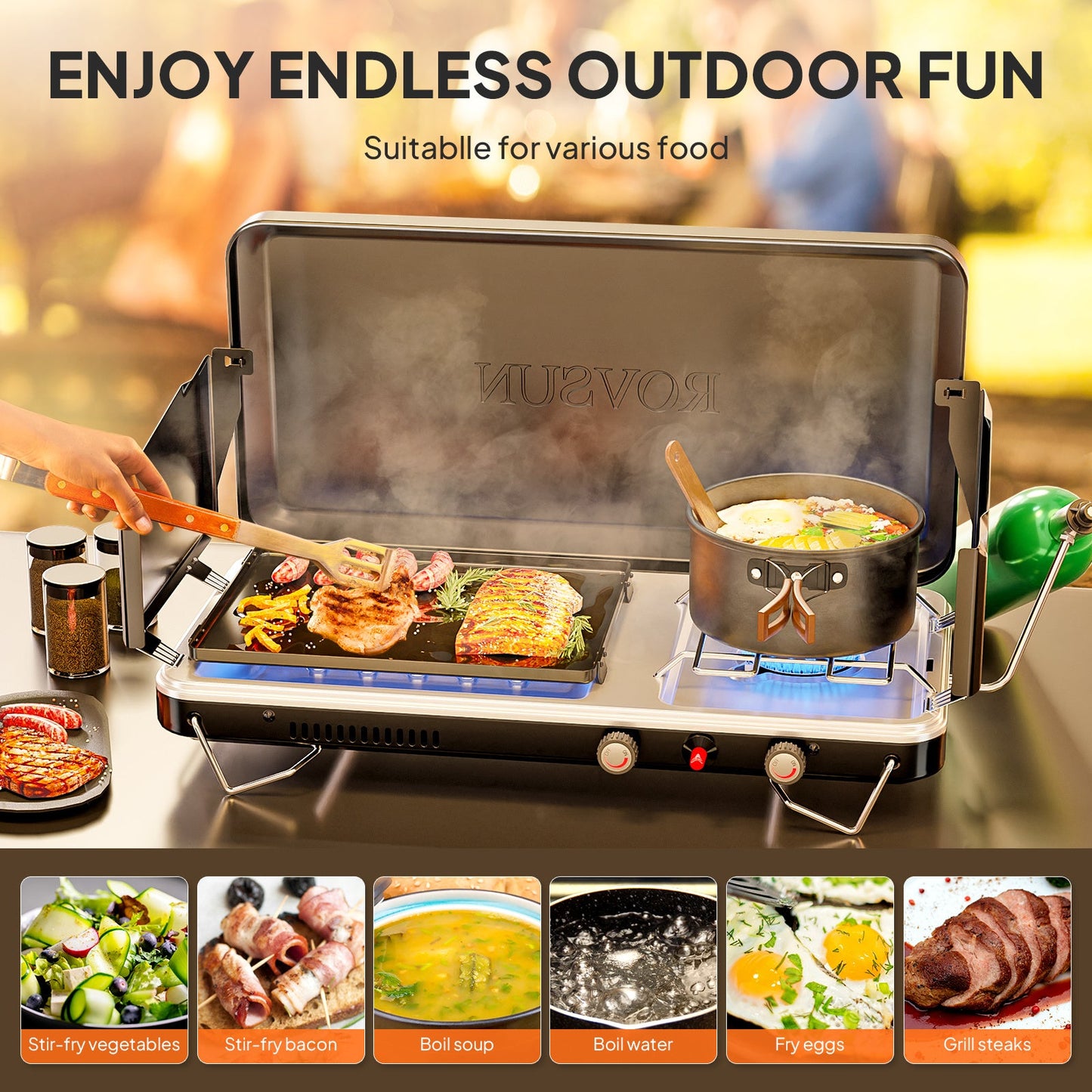 Camping Stove with Oven 2-in-1 – Portable Propane Double Burner 16,000 BTU & Outdoor Oven Combo with Auto-Ignition & Thermometer | Camping, Backyard & Picnic Cooking
