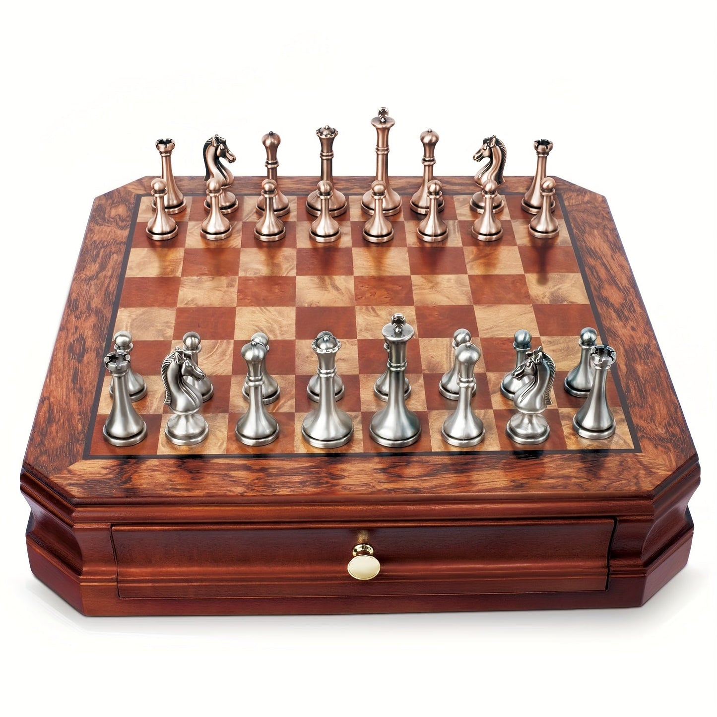 Wooden Chess Set with Metal Pieces & Storage Drawers 12 Inch – 2.5" Kings 2 Extra Queens Vintage Mahogany Board for Adults Beginners, Premium Strategy Game Gift