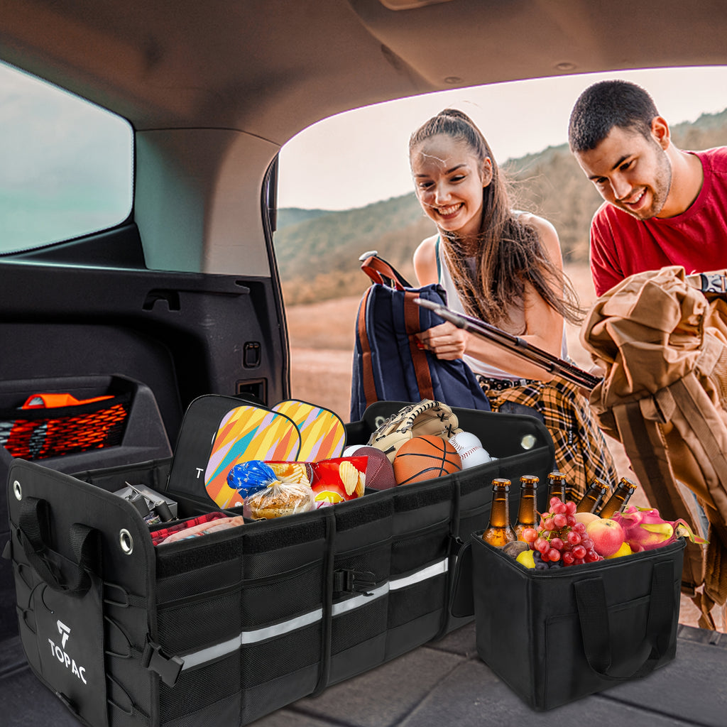 TOPAC Car Trunk Organizer with 3 Compartments with Cooler Bag, - Trunk Organizer, Foldable Trunk Organizer for SUVs & Sedans, Sturdy Car Organization for Car Accessories, Tools, Sundries, Black, 29.92*14.57*12.61"