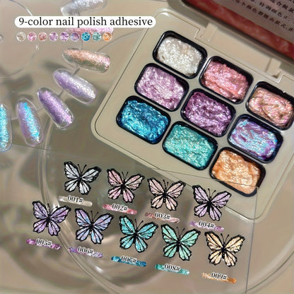 Fairy Powder Nail Art Gel Set 9 Colors Galaxy Milky Way – Nine-Grid Special Effect Shimmer Gel Polish Alcohol Free UV LED Soak Off, Long Lasting Glitter Nail Gel for Salon & DIY Home Women