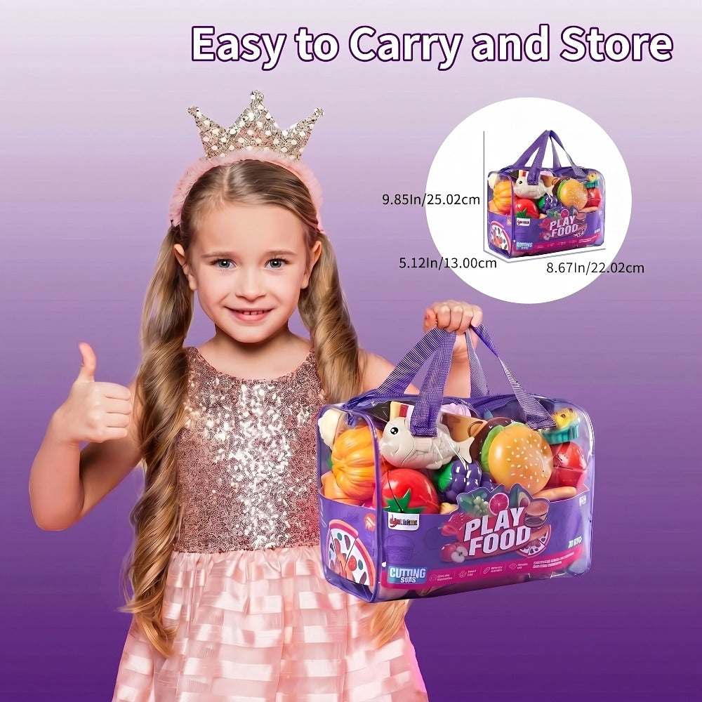 78 Pcs Kids Kitchen Toy Set with Storage Bag - Pretend Play Dinnerware, Fake Fruits & Vegetables, Plastic Accessories, Educational Role Play Gift for Boys Girls Ages 3+