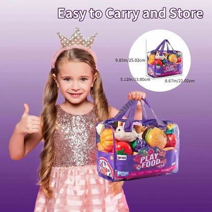 78 Pcs Kids Kitchen Toy Set with Storage Bag - Pretend Play Dinnerware, Fake Fruits & Vegetables, Plastic Accessories, Educational Role Play Gift for Boys Girls Ages 3+