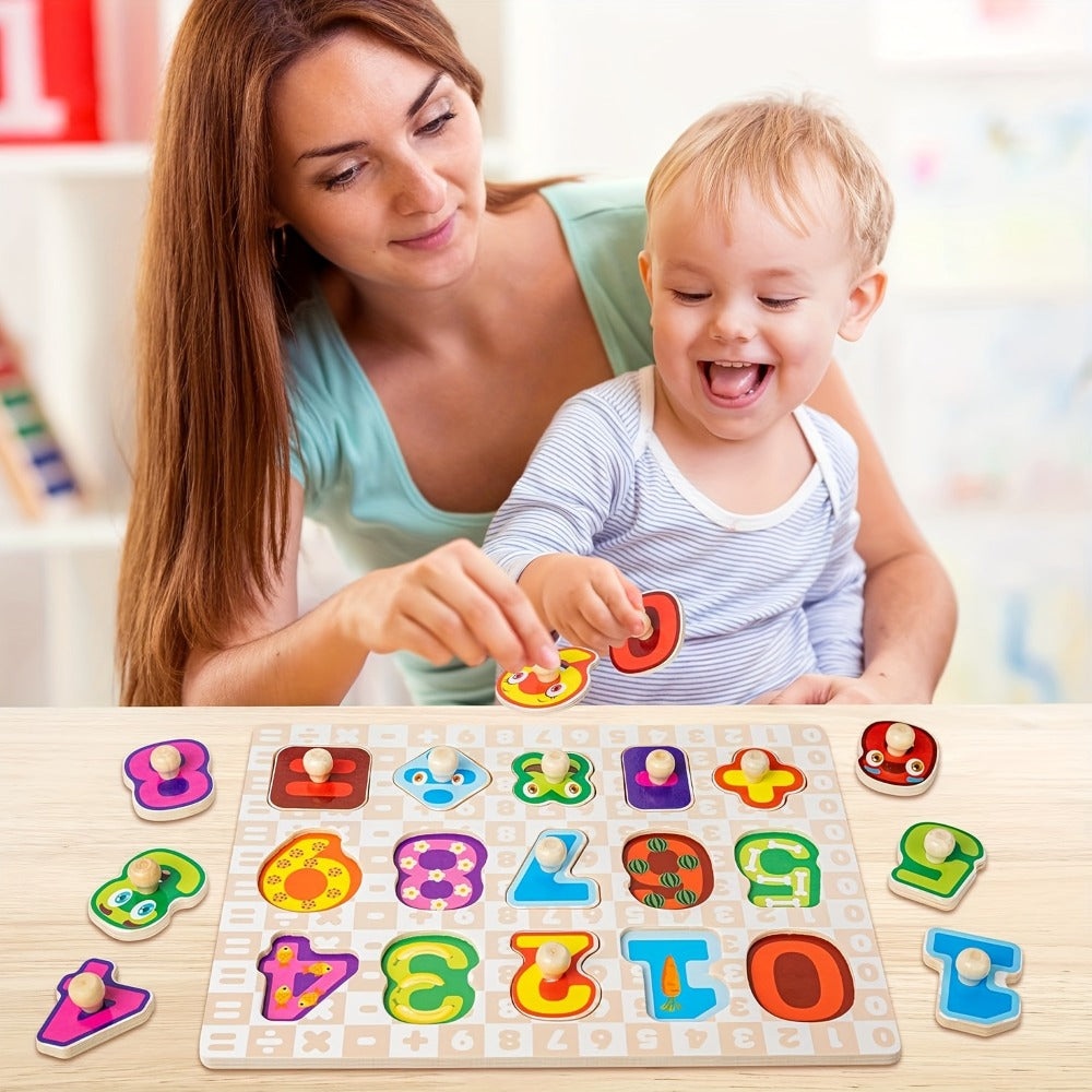 6-in-1 Wooden Toddler Puzzle Set with Storage Rack – Alphabet Number Shape Animal Dinosaur Vehicle Puzzles, STEM Montessori Educational Learning Toy, Gift for Baby Boys Girls Ages 1 2 3
