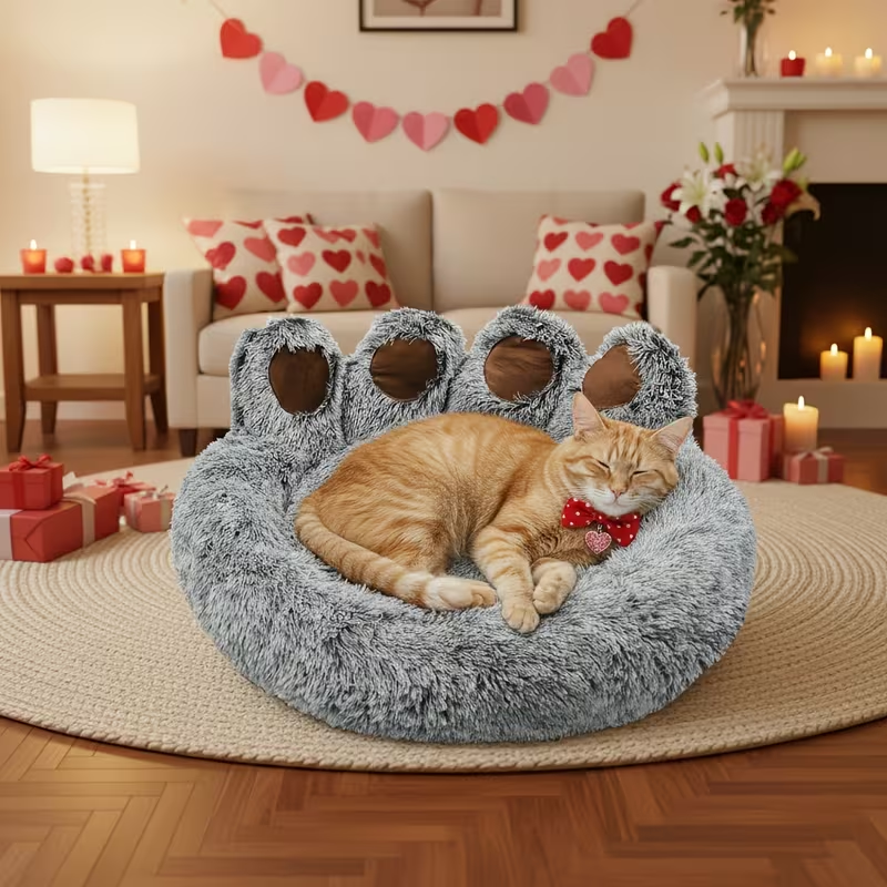 Dog Bed Cat Bed Bear Paw Shaped Donut – Calming Round Plush Pet Mattress, Warm & Soft Cuddler Bed for Dogs and Cats, Includes Pet Scarf, Sizes S to 2XL, Colors: Coffee, Pink, Grey, Brown