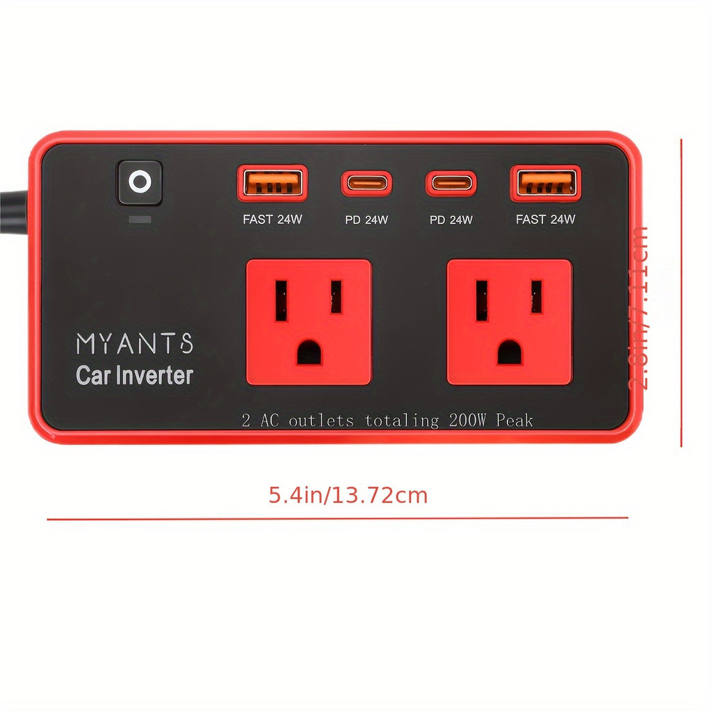 Car Power Inverter 200W, 12V DC to 110V AC Converter Car Outlet Adapter Outlet Fast Car Charger 4 USB Ports 24W [PD & QC 3.0 USB C USB A] Type C Vehicle Power Supply Car Plug Outlet for Road Trips, Camping, Without Battery