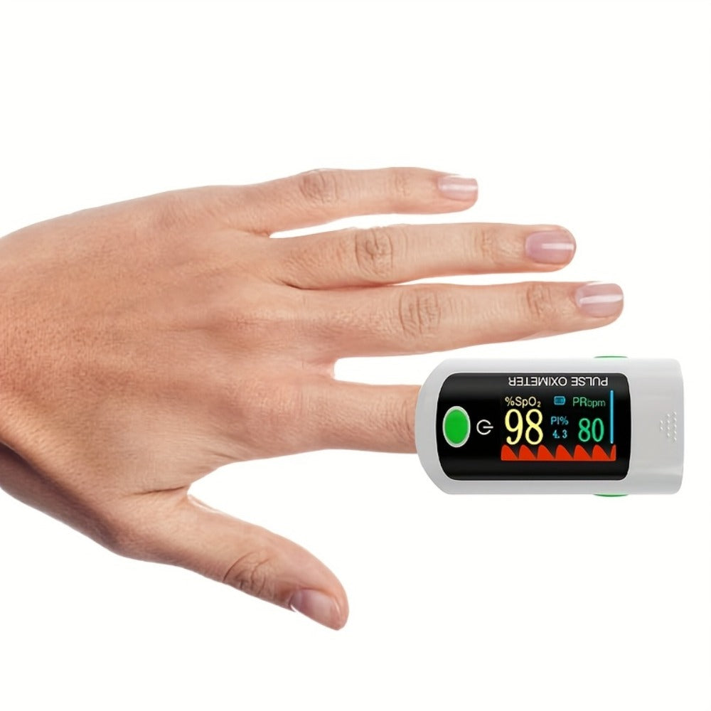 Fingertip Pulse Oximeter Blood Oxygen Monitor – SpO2, Heart Rate & Perfusion Index Display, Digital Finger Clip O2 Meter for Home Use & Sports, Batteries Included