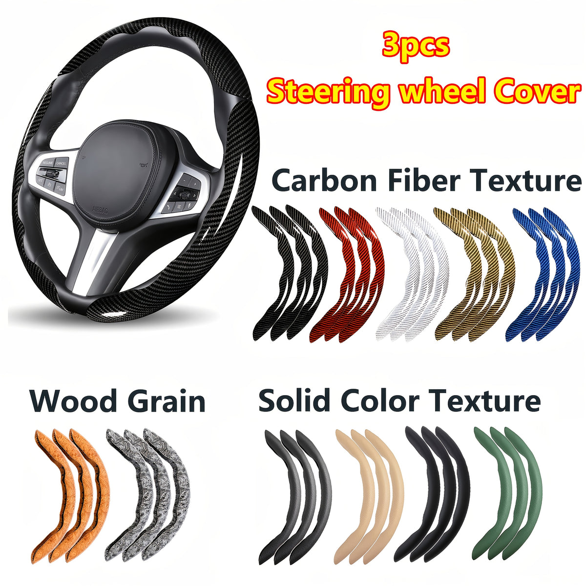 3pcs Carbon Fiber Car Steering Wheel Cover Anti-Skid Segmented Steering Wheel Protector Universal Carbon Fiber Steering Wheel Cover High-Grip ABS Resin Snap-On Design No Inner Circle Sleek Automotive Steering Wheel Protection