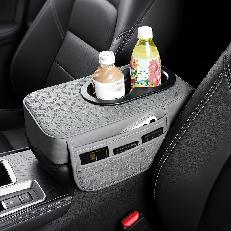 [PU Leather Console Mat] Universal Car Armrest Box Cover, PU Leather Center Console Mat With 2 Side Pockets + 2 Cup Holders, Multi-Functional Storage For Phone/Water Bottle/Cards, Fits Most Car Models, Tissue Box Replacement 3pcs Set-1