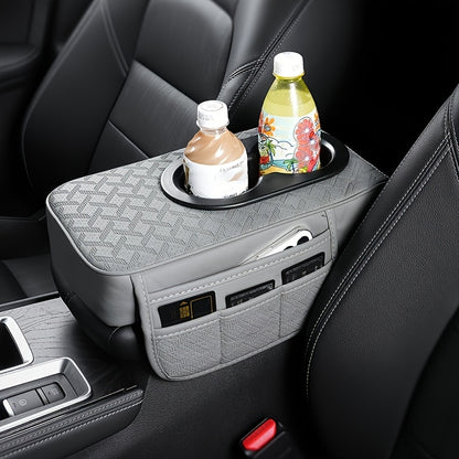 [PU Leather Console Mat] Universal Car Armrest Box Cover, PU Leather Center Console Mat With 2 Side Pockets + 2 Cup Holders, Multi-Functional Storage For Phone/Water Bottle/Cards, Fits Most Car Models, Tissue Box Replacement 3pcs Set-1