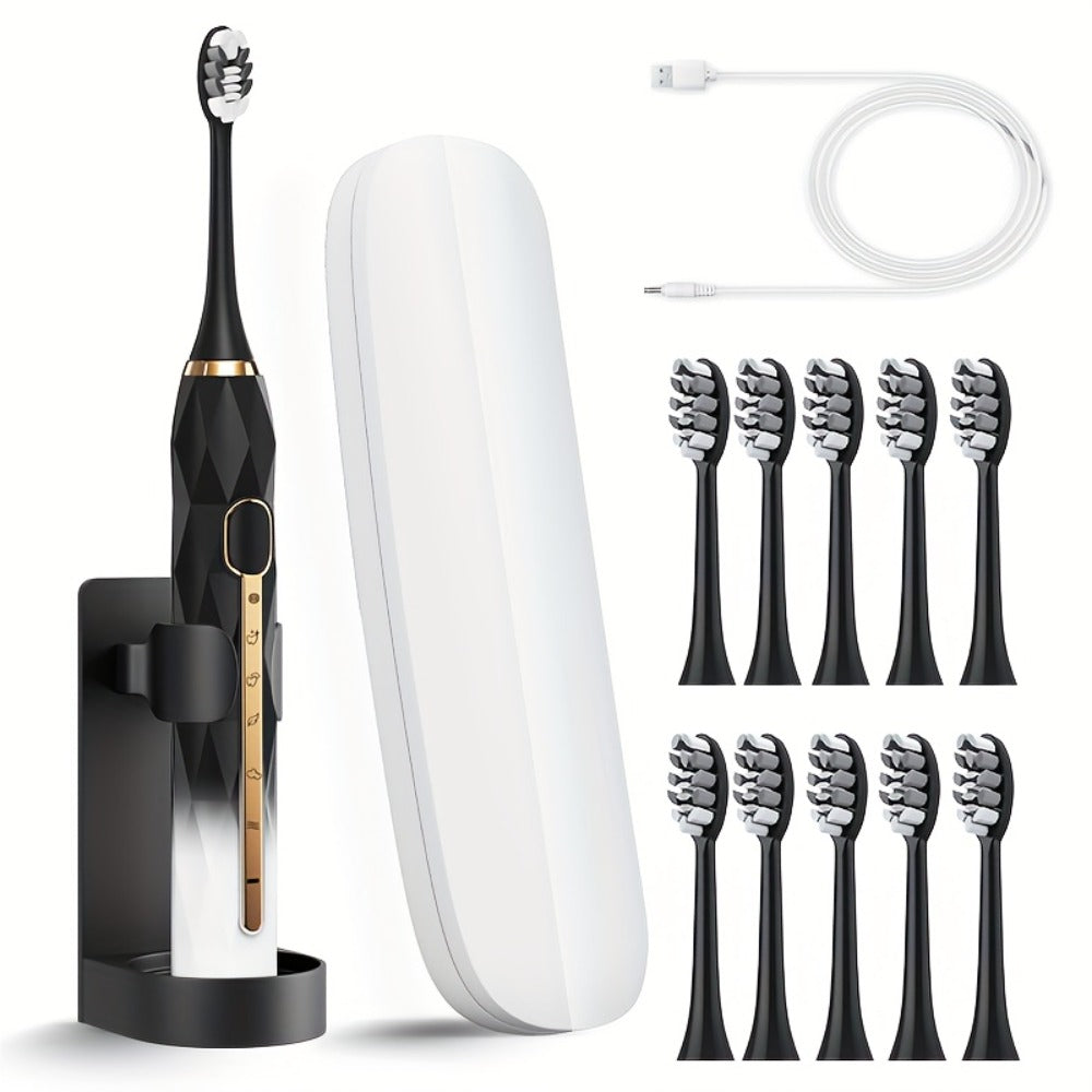 Sonic Electric Toothbrush IPX8 Waterproof USB Rechargeable with 10 Replacement Heads, Intelligent Timer, Travel Case & Charging Base – 5 Colors for Men & Women