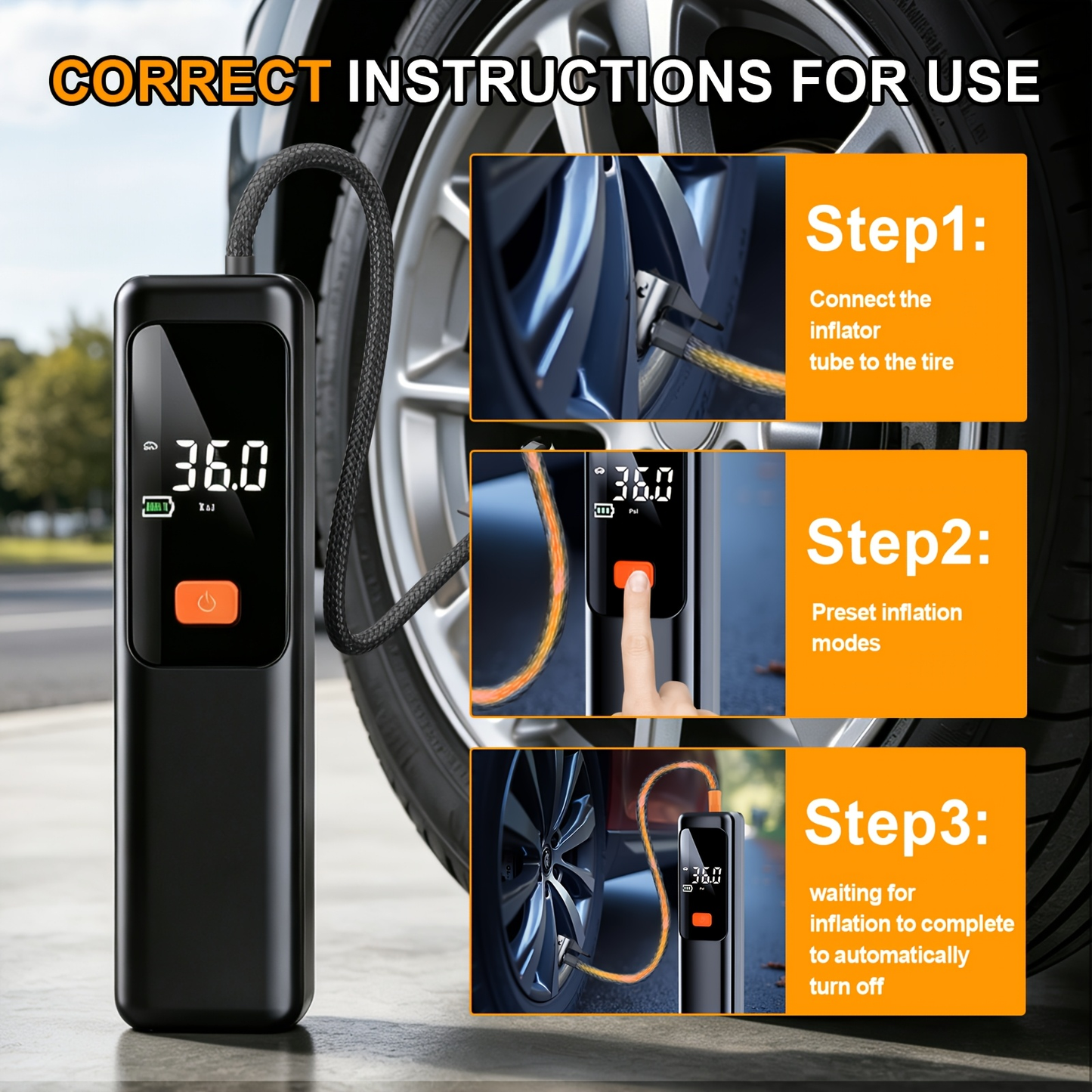 Electric Tire Inflator Portable Air Pump with Digital Pressure Display – Wireless Cordless Design, High-Power Fast Inflation, Auto Preset PSI, Multiple Nozzles for Car, Motorcycle, Bicycle, Basketball, Football & Volleyball