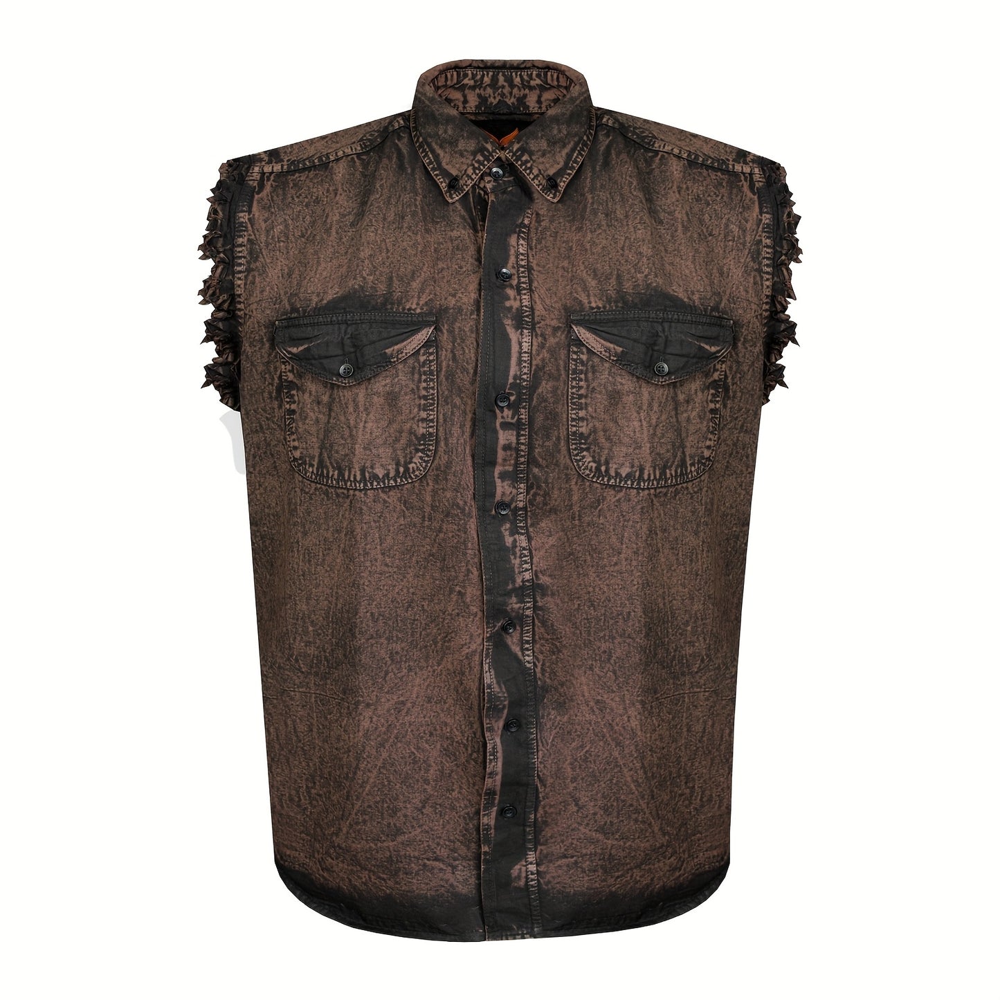 Men's Casual Sleeveless Shirt - All-Season Comfort, Frayed Sleeves, Stonewash Cotton Shirt, Single-Breasted Button-Up with Fringe Hem, Regular Fit for Streetwear, Beach & Vacation, Beach Attire, Streetstyle Apparel, Stretch Fabric