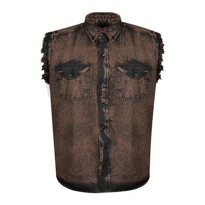 Men's Casual Sleeveless Shirt - All-Season Comfort, Frayed Sleeves, Stonewash Cotton Shirt, Single-Breasted Button-Up with Fringe Hem, Regular Fit for Streetwear, Beach & Vacation, Beach Attire, Streetstyle Apparel, Stretch Fabric