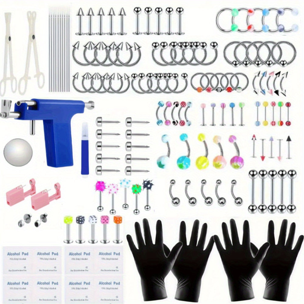 160pcs Body Piercing Kit with Piercing Gun – Professional Jewelry Set for Ear, Nose, Lip & Belly with Stainless Steel & Acrylic Studs, Rings & DIY Piercing Tools