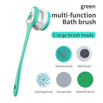Electric Body Scrubber Brush 5-in-1 Rotating Shower Exfoliator with Long Handle - Soft Bristle Waterproof Bath Brush for Back Face & Full Body, Home Spa Skin Care Tool for Women & Men