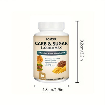 Carb & Sugar Blocker Supplement with White Kidney Bean Extract, Gymnema Sylvestre, Mulberry Leaf & L-Carnitine — Blood Sugar Balance & Weight Management Support, 60 Capsules for Women & Men
