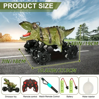 Spray Mist RC Monster Truck Dinosaur with Side-to-Side Drift LED Lights & Sound Effects – All-Terrain Stunt Remote Control Car for Kids Ages 6+ Birthday Easter Gift w/ or w/o Spray