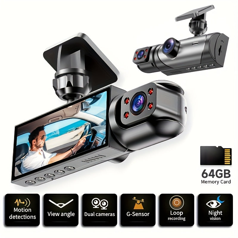 PODOFO Dual Camera Car Dash Cam, Front 1080P Built-in 480P with Infrared Night Vision, Loop Recording, Wide Angle 3.16-inch IPS Screen, HD Night Vision, Dual Lens Car Dashboard Camera, Car Accessories/Dashboard Camera/Gift/Car Black Box