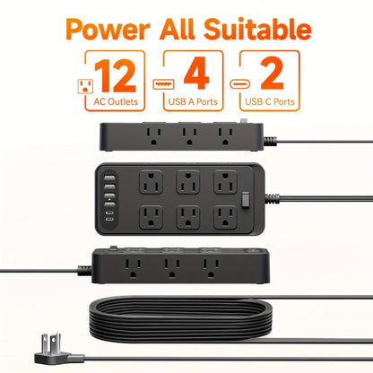 Charging Station Power Strip 18-in-1 with 12 AC Outlets 4 USB-A 2 USB-C Ports Surge Protector Flat Plug 5FT PVC Extension Cord Fire-Resistant for Home Office Travel Desk White Black