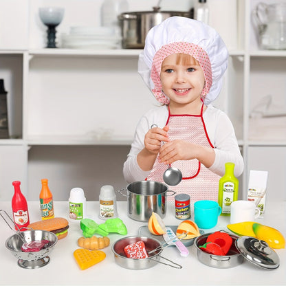 Kids Kitchen Playset 37pcs – Stainless Steel Play Pots & Pans Set with Apron, Chef Hat, Cooking Utensils & Play Food | Pretend Play Kitchen Toy, Birthday & Christmas Gift for Boys & Girls Ages 3+