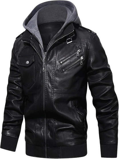 Men's Windproof Faux Leather Pullover Hoodie
