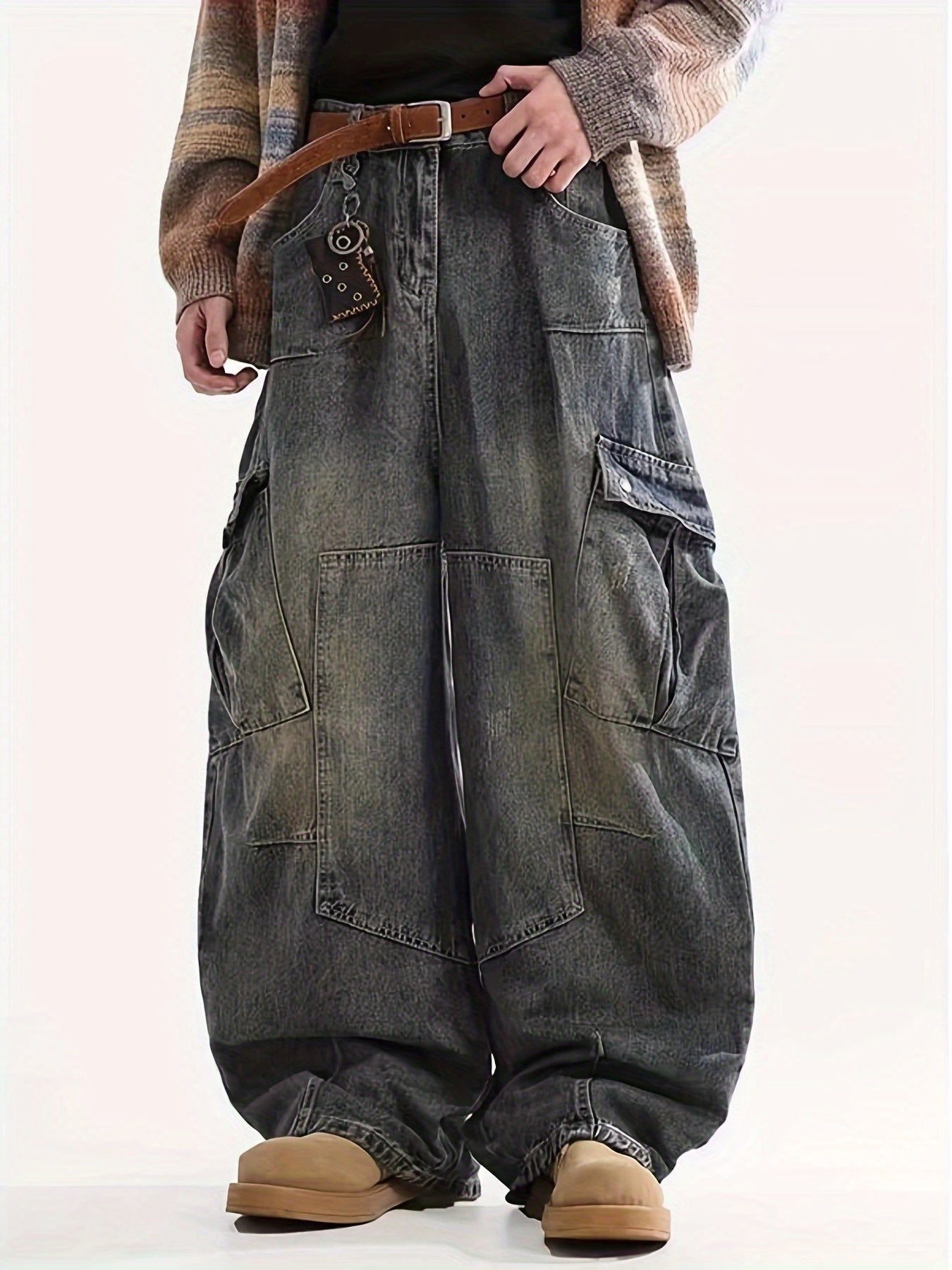 Men's Baggy Jeans - Black Denim Utility Pocket