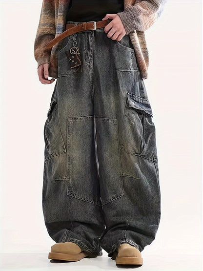 Men's Baggy Jeans - Black Denim Utility Pocket