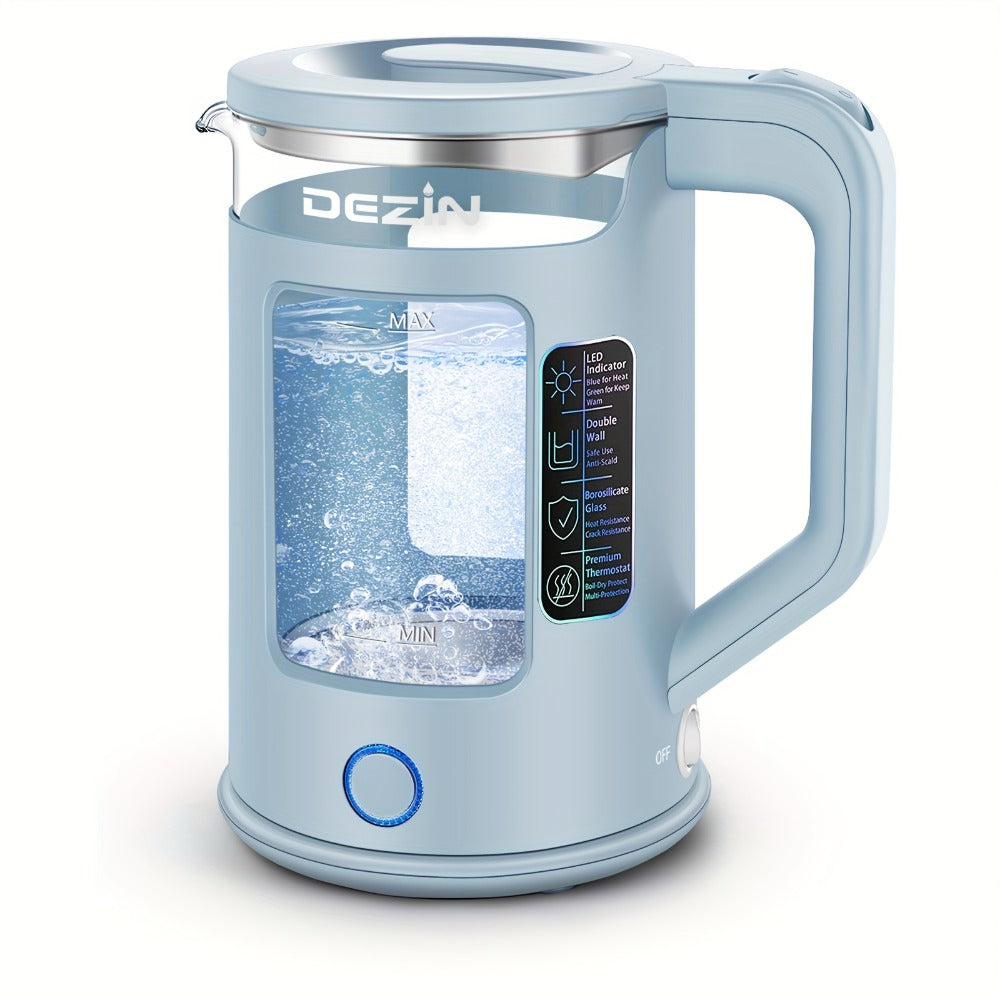 Glass Electric Kettle with Blue LED Light – 1.5L Borosilicate Glass Water Boiler, Auto Shut-Off & Boil-Dry Protection, Fast Heating Hot Water Kettle for Tea & Coffee – Azure, Black
