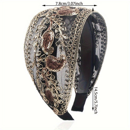 Wide Headbands for Women 2 Pack Lace Embroidered Sequin Flower Hair Hoops – Non-Slip Retro Chic Wide Hair Band for Daily Wear Spring Summer Styling Elegant Gift Set 2 Colors Black Red
