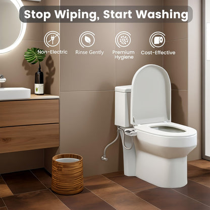 Bidet Attachment for Toilet - Dual Retractable Nozzle Non-Electric Self-Cleaning Fresh Water Bidet Sprayer, Adjustable Water Pressure, Fits Most Toilets, Brass T-Adapter & Metal Hose Included, Easy Install